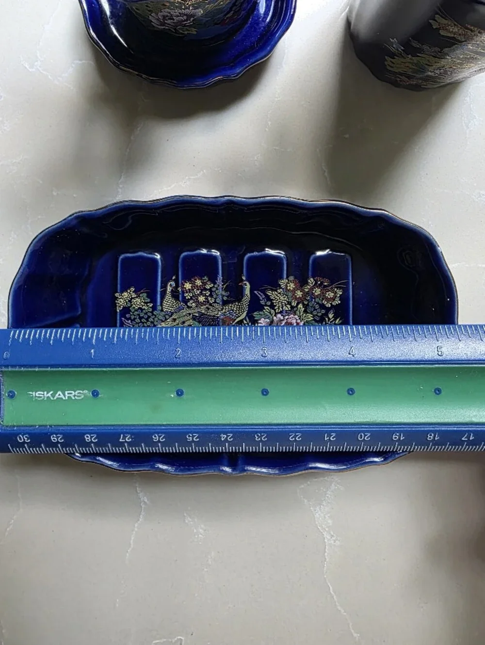 VIntage JAPANESE THREE PEICE Cobalt Blue PEACOCK & Floral Porcelain BATHROOM Set
